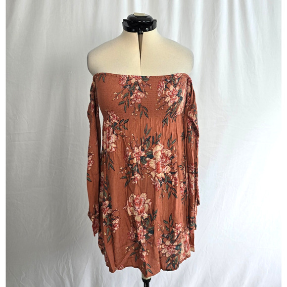 Billabong Dresses & Skirts - Billabong Night Fox Off Shoulder Dress L Rust Floral Long Sleeves